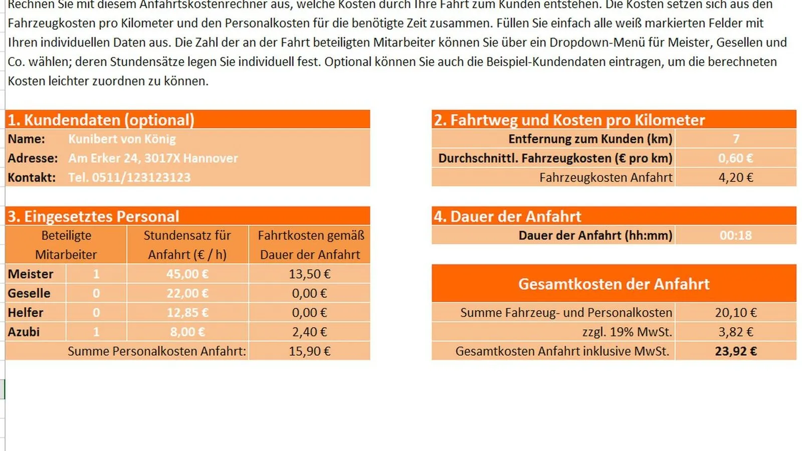 Auszug aus dem handwerk.com-Anfahrtskostenrechner: In vier Schritten zum Ergebnis.